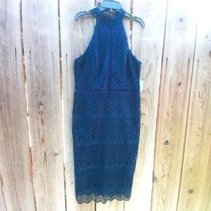 Premier Amour Dress Womens 10 Blue Lace Trim Halter Fully Lined Sleeveless